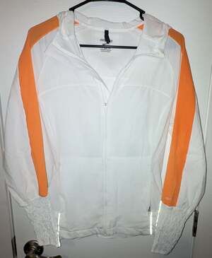 Brooks Canopy Jacket Women's White Orange Full Zip Running Hoodie Windbreaker
